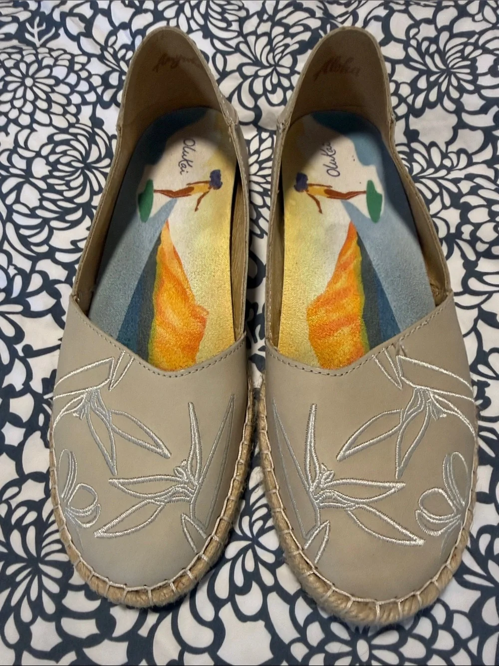 Neutral Beige Embroidered Espadrille Flats by Olukai